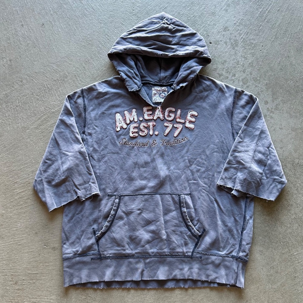 Vintage American Eagle Sweatshirt Size XXL Gray Short Sleeve Hoodie Distressed